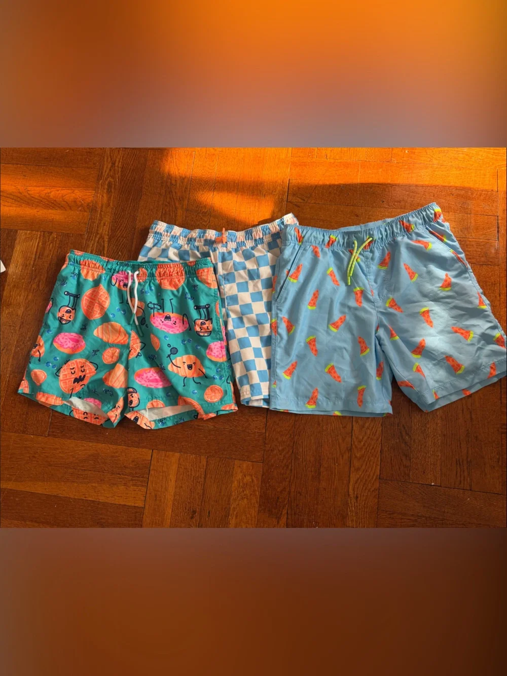 Kids' Swim Shorts Trio - Teal Fruit, Blue Check, Light Blue Pizza